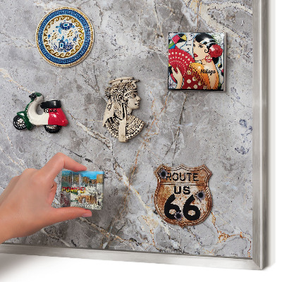 Souvenir magnet display board with a silver frame Patterned marble