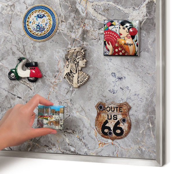 Souvenir magnet display board with a silver frame Patterned marble