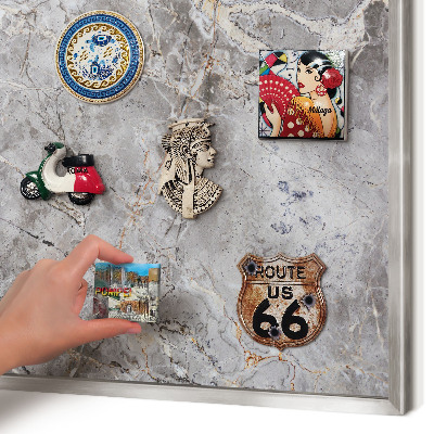 Souvenir magnet display board with a silver frame Patterned marble