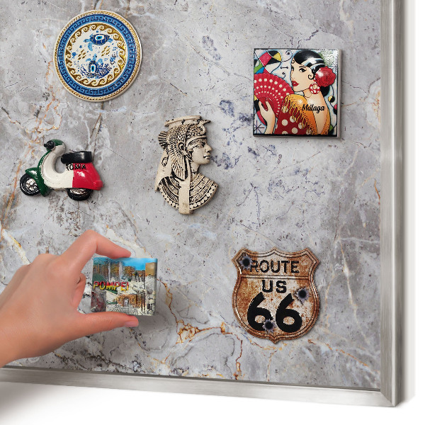 Souvenir magnet display board with a silver frame Patterned marble