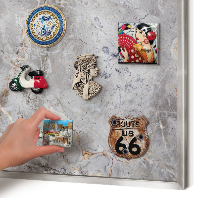 Souvenir magnet display board with a silver frame Patterned marble