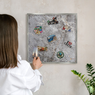 Souvenir magnet display board with a silver frame Patterned marble