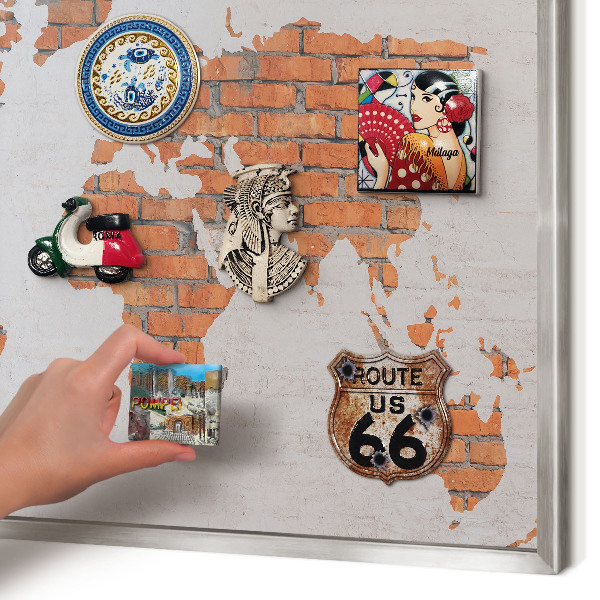Souvenir magnet display board with a silver frame Brick map