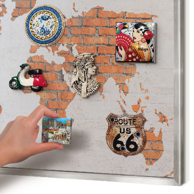 Souvenir magnet display board with a silver frame Brick map