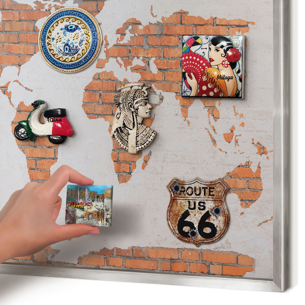 Souvenir magnet display board with a silver frame Brick map