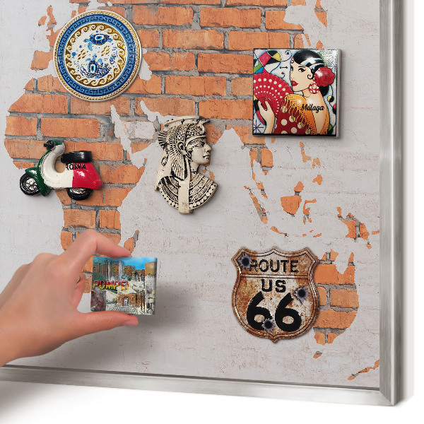 Souvenir magnet display board with a silver frame Brick map
