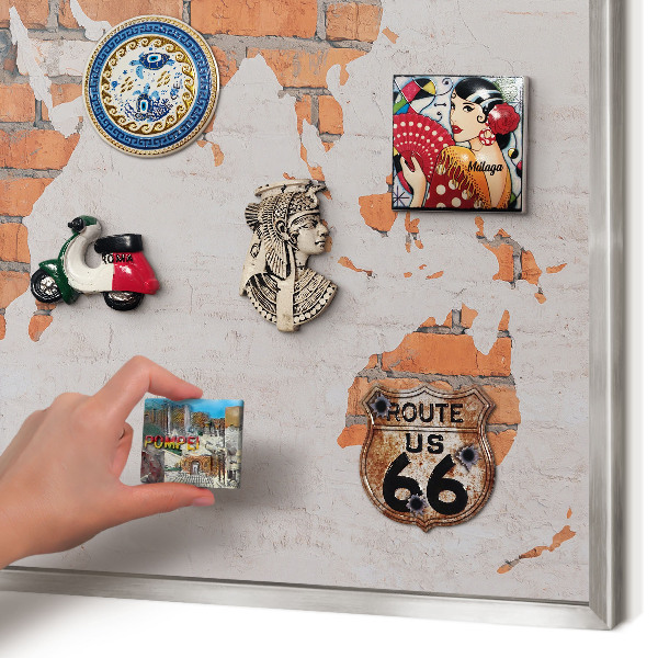 Souvenir magnet display board with a silver frame Brick map