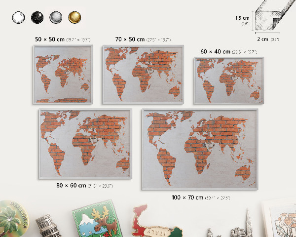 Souvenir magnet display board with a silver frame Brick map