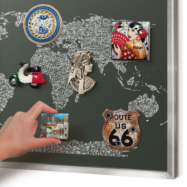 Souvenir magnet display board with a silver frame Text map