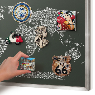Souvenir magnet display board with a silver frame Text map