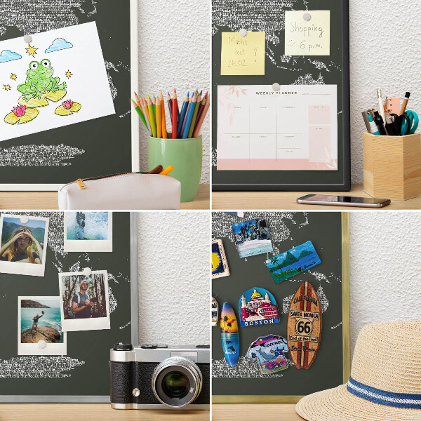 Souvenir magnet display board with a silver frame Text map