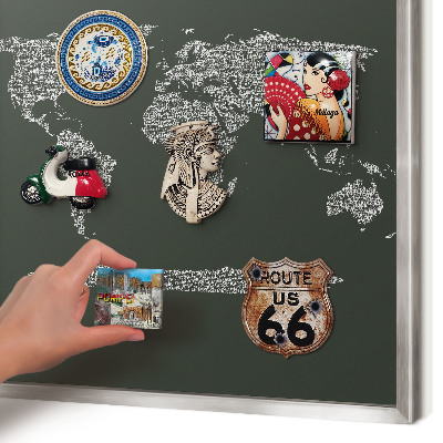 Souvenir magnet display board with a silver frame Text map