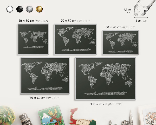 Souvenir magnet display board with a silver frame Text map