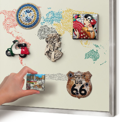 Printed magnet board in a silver frame World map