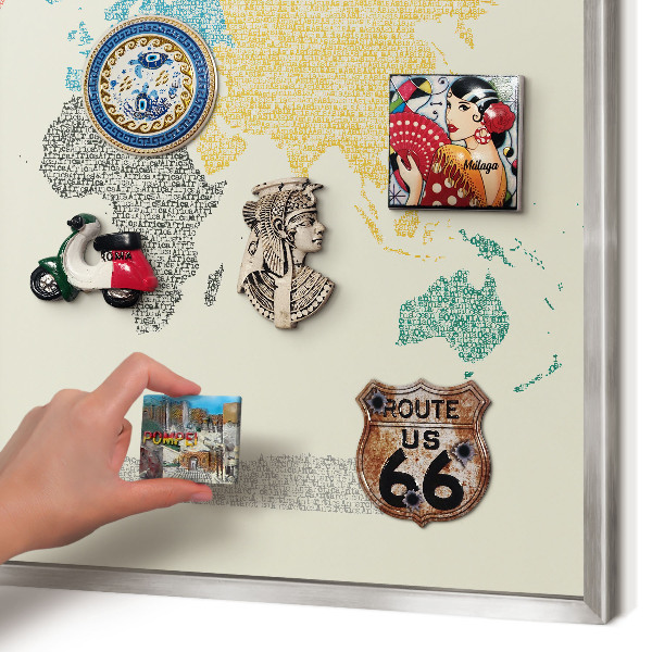 Printed magnet board in a silver frame World map