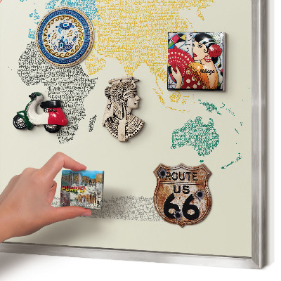 Printed magnet board in a silver frame World map
