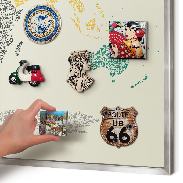 Printed magnet board in a silver frame World map