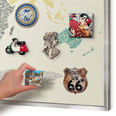 Printed magnet board in a silver frame World map