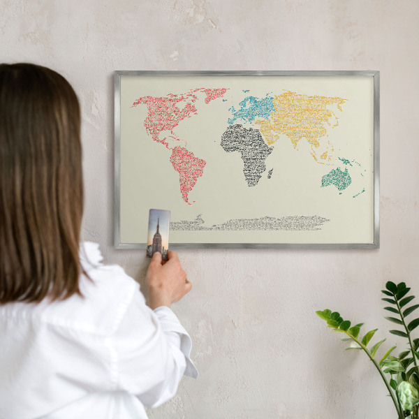 Printed magnet board in a silver frame World map