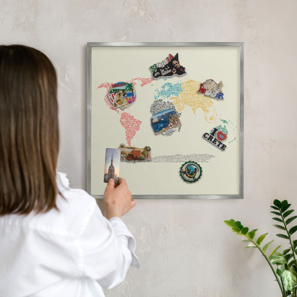 Printed magnet board in a silver frame World map