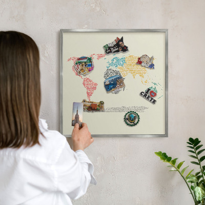 Printed magnet board in a silver frame World map