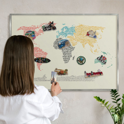 Printed magnet board in a silver frame World map