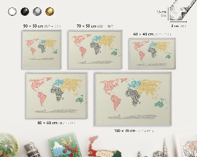 Printed magnet board in a silver frame World map