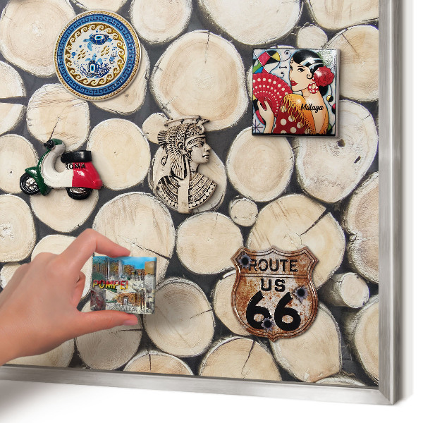 Souvenir magnet display board with a silver frame Wooden texture