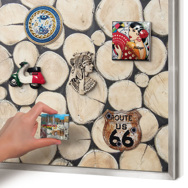 Souvenir magnet display board with a silver frame Wooden texture
