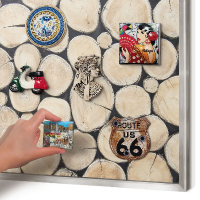 Souvenir magnet display board with a silver frame Wooden texture