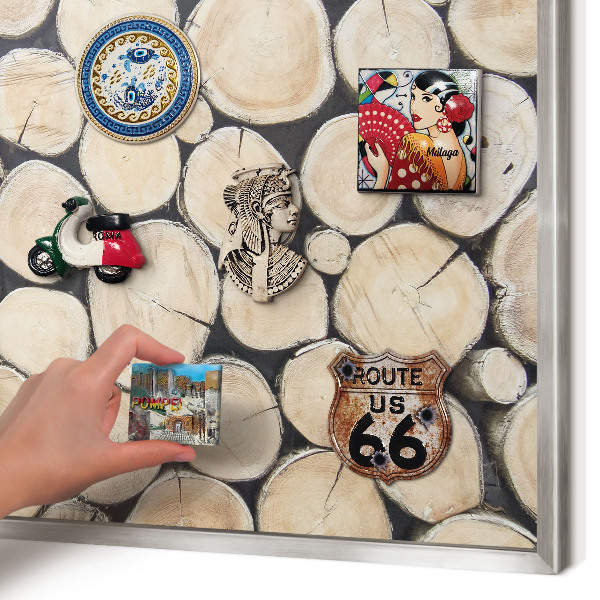 Souvenir magnet display board with a silver frame Wooden texture
