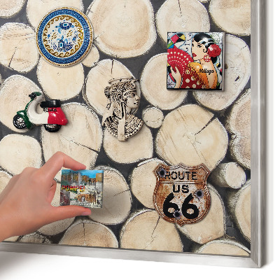 Souvenir magnet display board with a silver frame Wooden texture