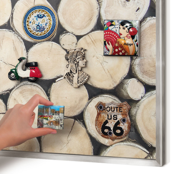 Souvenir magnet display board with a silver frame Wooden texture