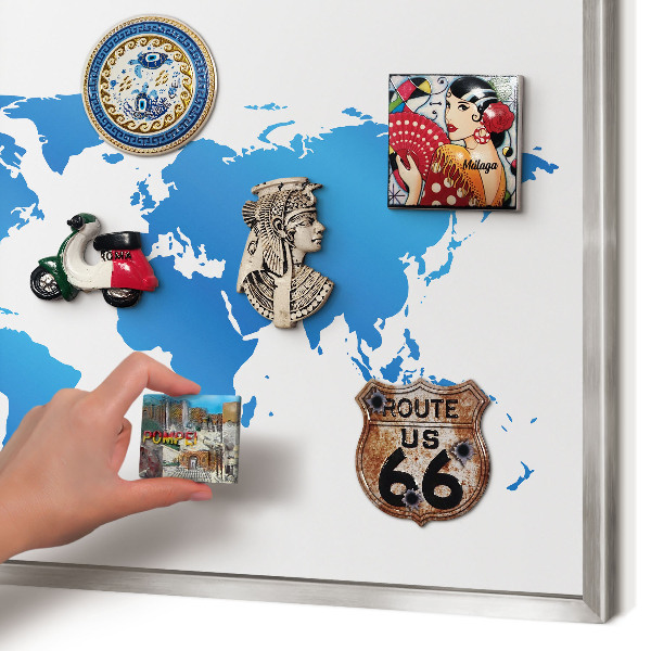 Printed magnet board in a silver frame World map