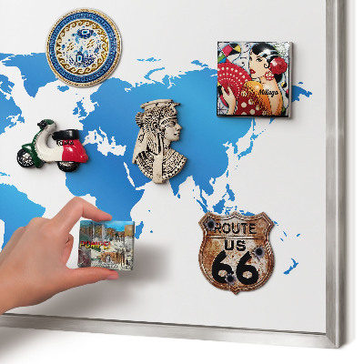 Printed magnet board in a silver frame World map