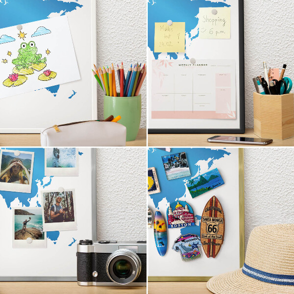 Printed magnet board in a silver frame World map