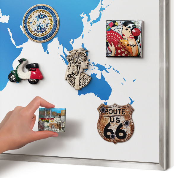 Printed magnet board in a silver frame World map