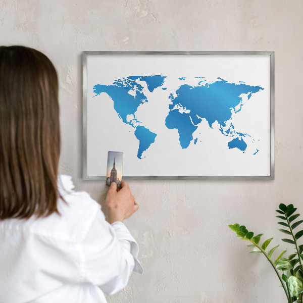 Printed magnet board in a silver frame World map
