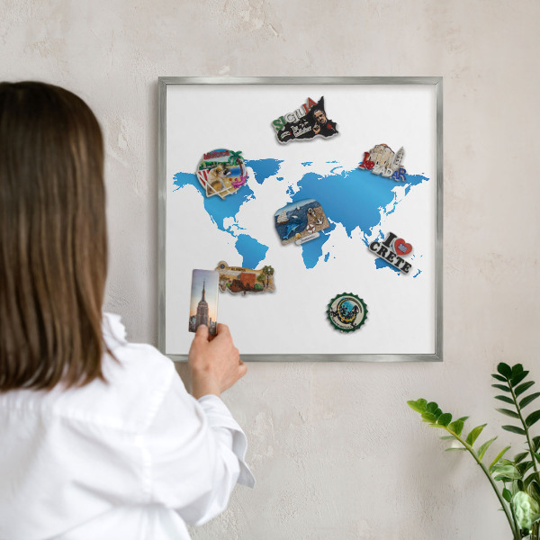 Printed magnet board in a silver frame World map