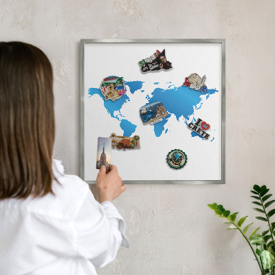 Printed magnet board in a silver frame World map