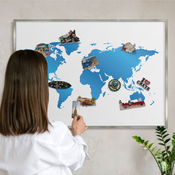 Printed magnet board in a silver frame World map