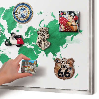 Souvenir magnet display board with a silver frame Green map