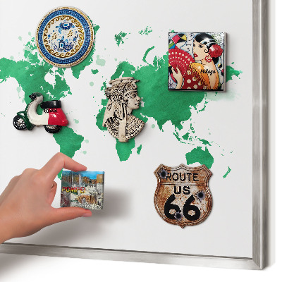 Souvenir magnet display board with a silver frame Green map