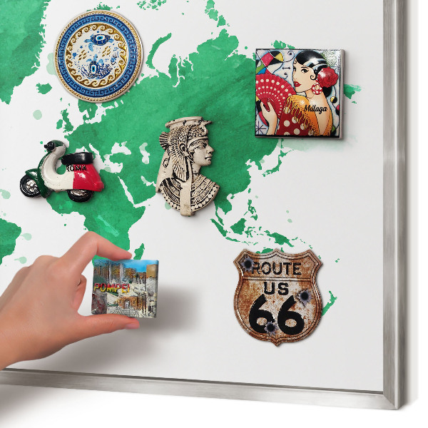 Souvenir magnet display board with a silver frame Green map