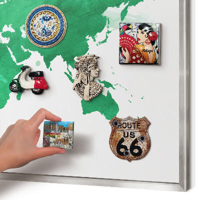 Souvenir magnet display board with a silver frame Green map