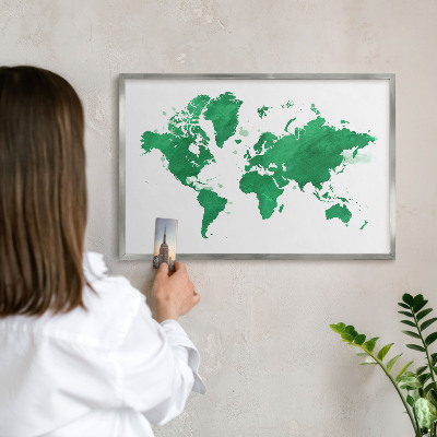 Souvenir magnet display board with a silver frame Green map