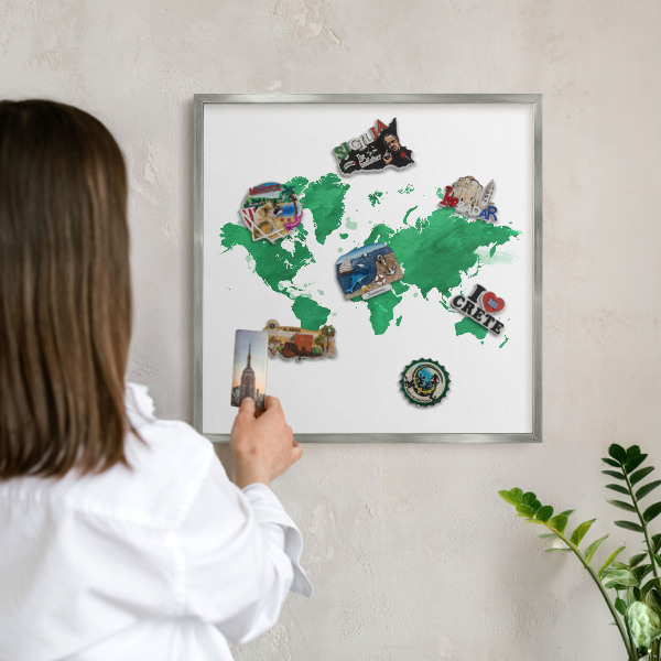 Souvenir magnet display board with a silver frame Green map