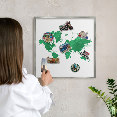 Souvenir magnet display board with a silver frame Green map