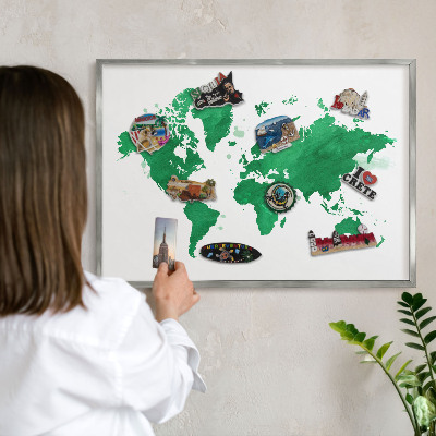 Souvenir magnet display board with a silver frame Green map