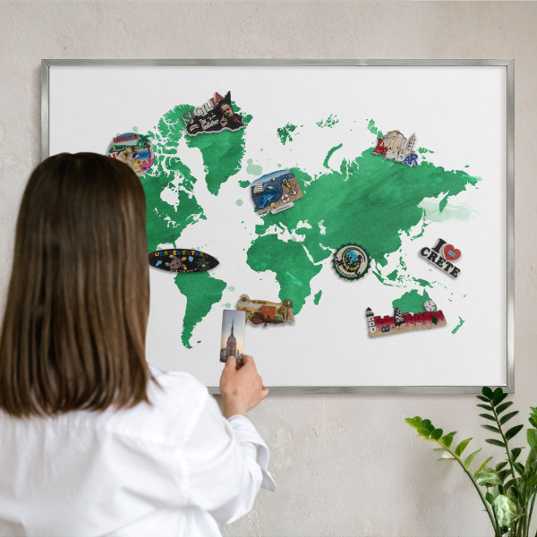Souvenir magnet display board with a silver frame Green map